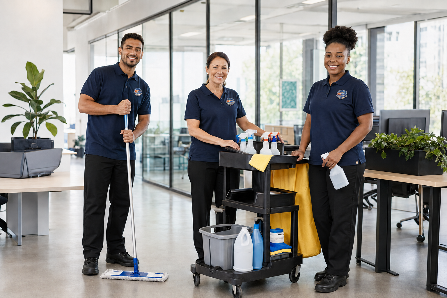 Professional commercial cleaning team in a modern office